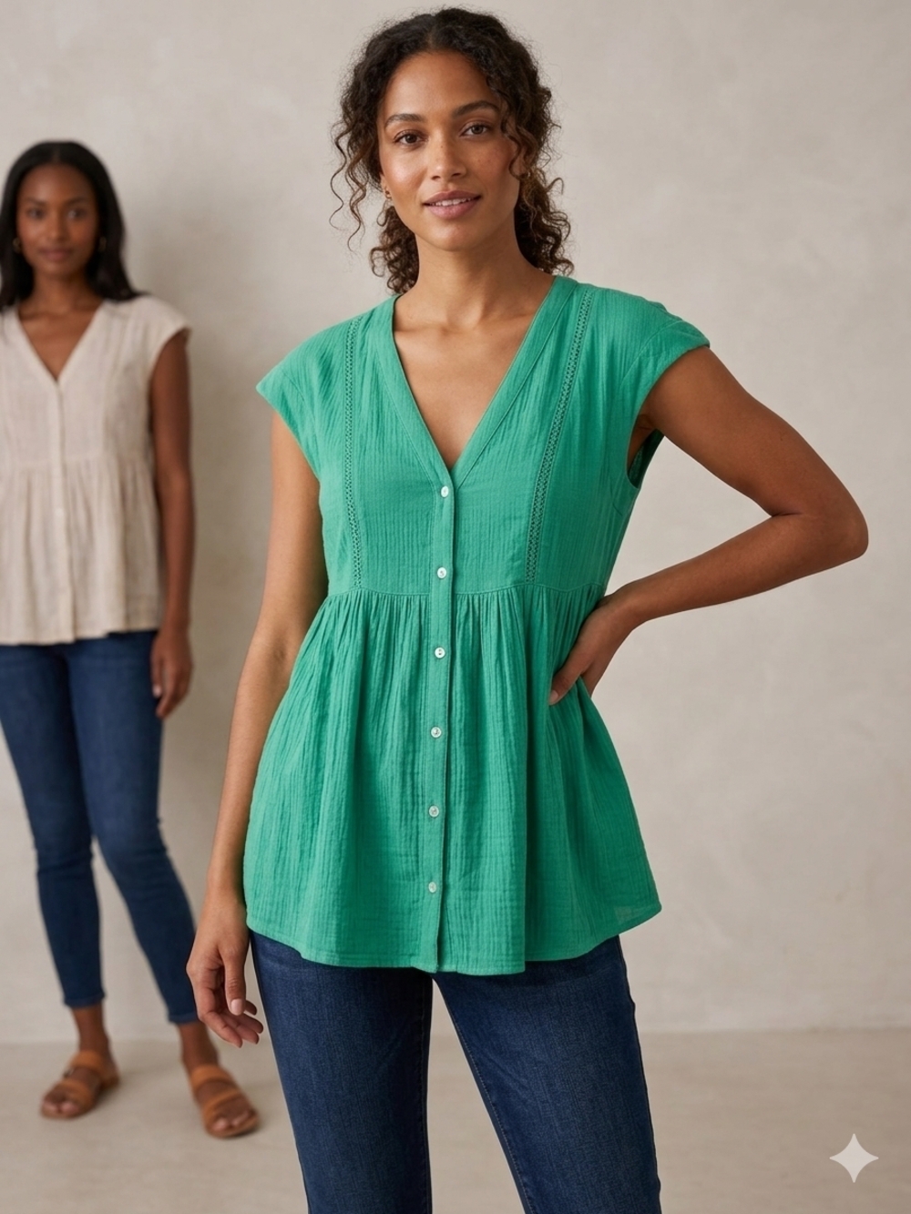 Cap-Sleeve Button-Front Peplum Top - Green